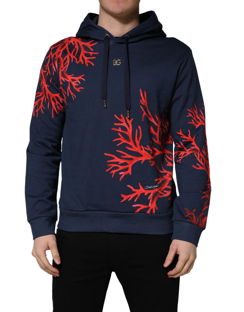 Sweat-shirt à capuche bleu en coton avec logo corail, Dolce & Gabbana