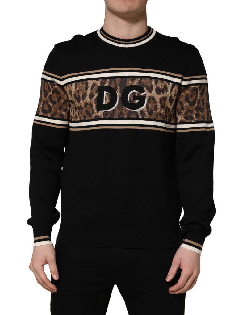 Jersey negro de lana con estampado de leopardo y cuello redondo para hombre de Dolce & Gabbana