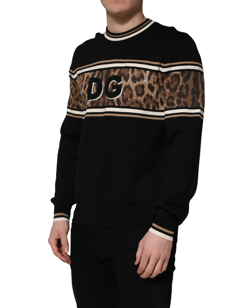 Jersey negro de lana con estampado de leopardo y cuello redondo para hombre de Dolce & Gabbana
