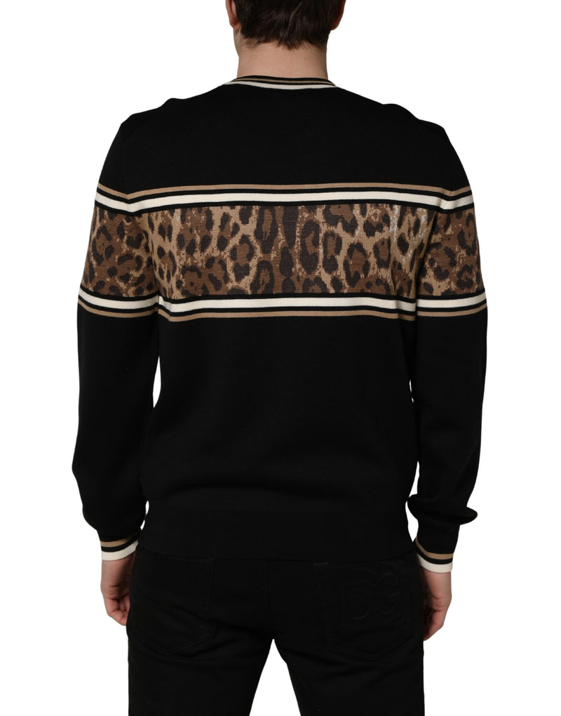 Jersey negro de lana con estampado de leopardo y cuello redondo para hombre de Dolce & Gabbana