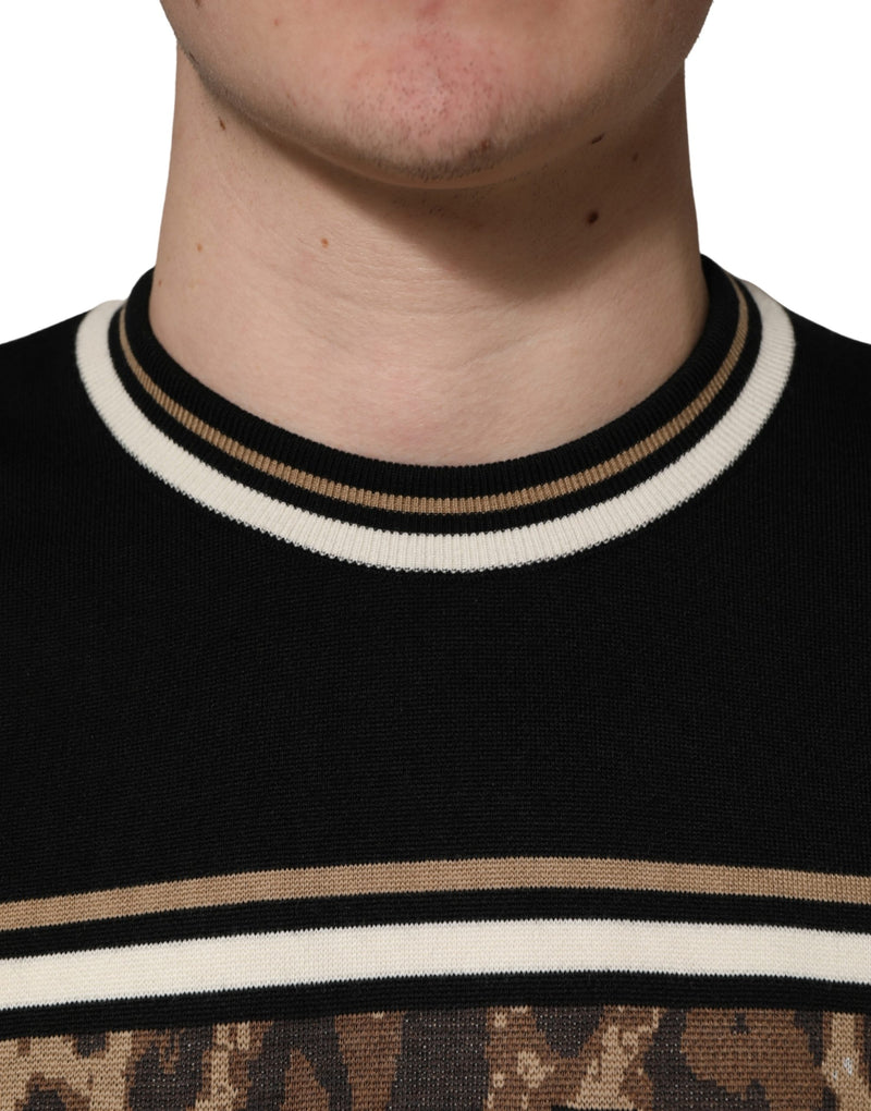 Jersey negro de lana con estampado de leopardo y cuello redondo para hombre de Dolce & Gabbana