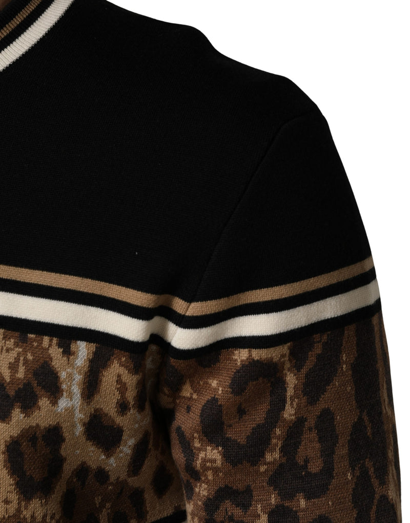 Jersey negro de lana con estampado de leopardo y cuello redondo para hombre de Dolce & Gabbana