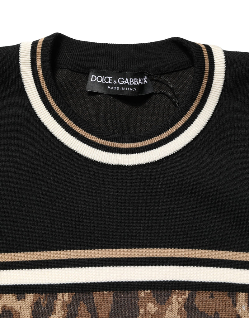 Jersey negro de lana con estampado de leopardo y cuello redondo para hombre de Dolce & Gabbana