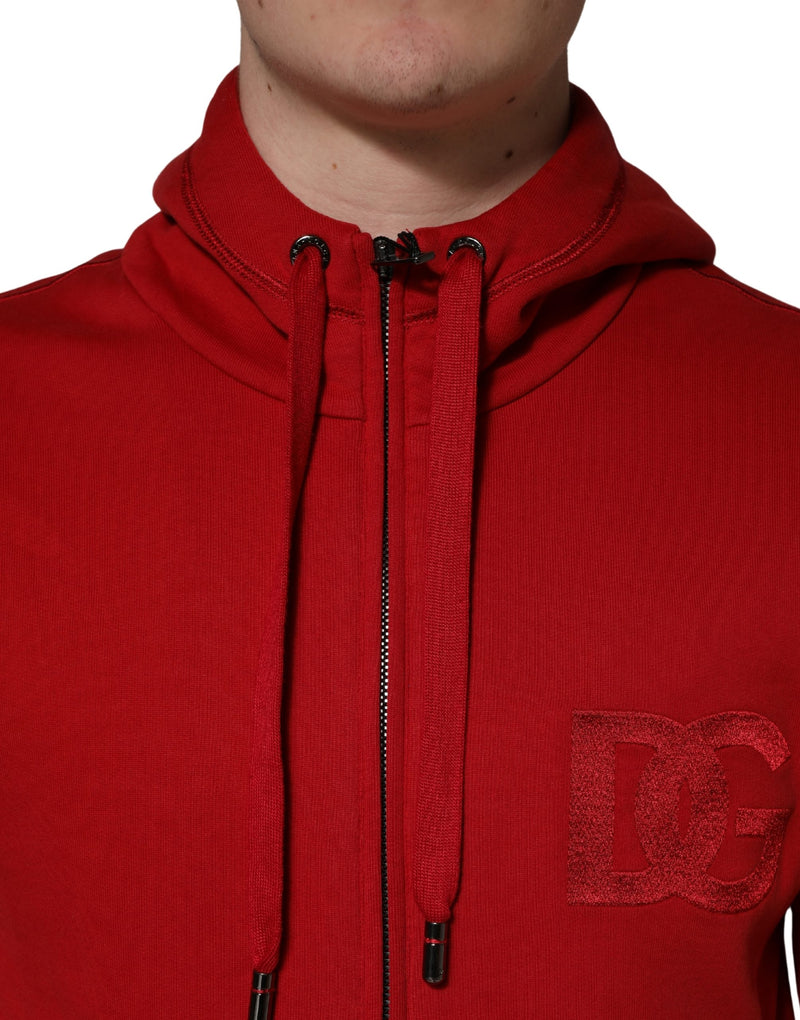 Suéter rojo con capucha, logotipo bordado y cierre completo de Dolce & Gabbana