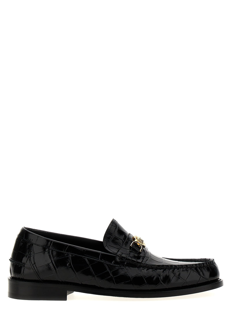 Versace Black Velvet Leather Slip-On Loafers