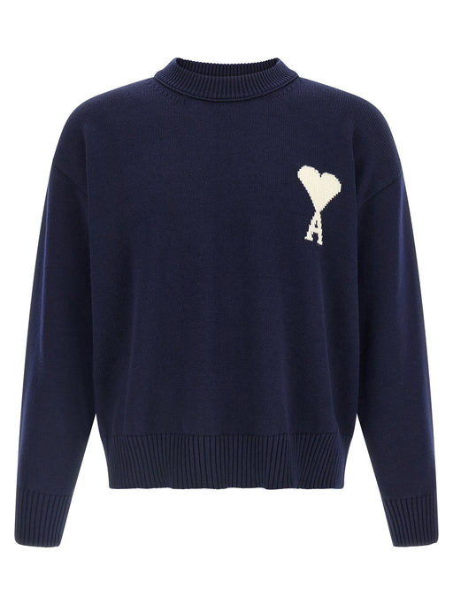 Front view of the Ami Paris AMI Paris Ami de Coeur Blue Wool Blend Sweater for Men, an AMI Paris Sweater for Men in blue with signature heart logo, crew neck, and ribbed cuffs. Urbalenti NYC, 13879, 79680700467, Ami Paris, Blue, Cardigans - Sweaters - Clothing, Clothing, Discount_40-49, in-stock, Men, New with tags, Sweaters - Clothing, XL.