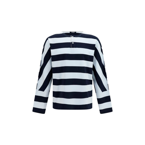 Front view of Jacquemus Marinière Multicolor Cotton T-Shirt for Men, a Jacquemus T-Shirt for Men in 100% cotton with navy and white nautical stripes, mock button placket, regular fit, and long sleeves. Urbalenti NYC, 13879, 79661334579, Clothing, Discount_50-59, in-stock, Jacquemus, M, Men, Multicolor, New with tags, T-Shirts - Clothing, T-Shirts - T-Shirts - Clothing.