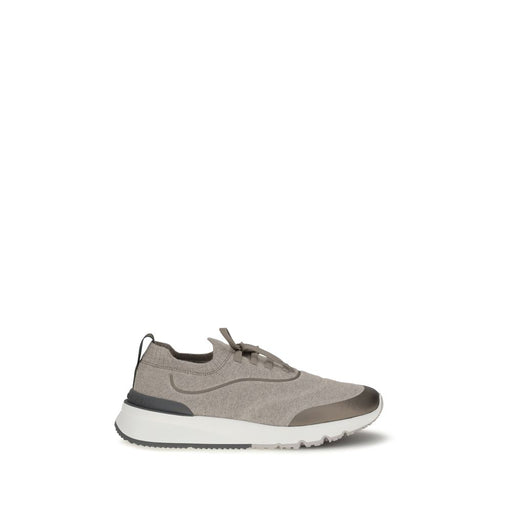 Side profile of Brunello Cucinelli Brown Techno Cotton Knit Sneakers for Men, featuring a refined knit upper, flat laces, contrasting trim, and a durable white rubber sole. These Brunello Cucinelli Sneakers for Men are available at Urbalenti NYC in size EU43/US10, in-stock and New with tags, listed under Athletic - Sneakers - Shoes and Shoes, in Brown by Brunello Cucinelli with Discount_40-49 for Men and Sneakers - Shoes, style 13879, product code 79661334579.