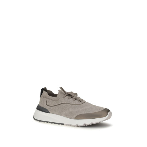 Angled front view of Brunello Cucinelli Brown Techno Cotton Knit Sneakers for Men with streamlined knit construction, tonal laces, cushioned midsole, and rugged rubber outsole. Shop these Brunello Cucinelli Sneakers for Men from Urbalenti NYC, style 13879, product code 79661334579, in Brown, EU43/US10, in-stock and New with tags, categorized as Athletic - Sneakers - Shoes, Shoes, and Sneakers - Shoes, with Discount_40-49 for Men.
