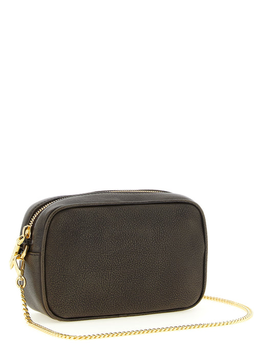 Golden Goose Brown Cow Leather Star Mini Clutch Bag, a Golden Goose Clutch Bag shown from the back with removable gold-tone chain shoulder strap. Featured at Urbalenti NYC, item 13879, style 79680700467, in Bags and Brown Clutch Bags - Bags, Discount_40-49, in-stock, New with tags, Women.