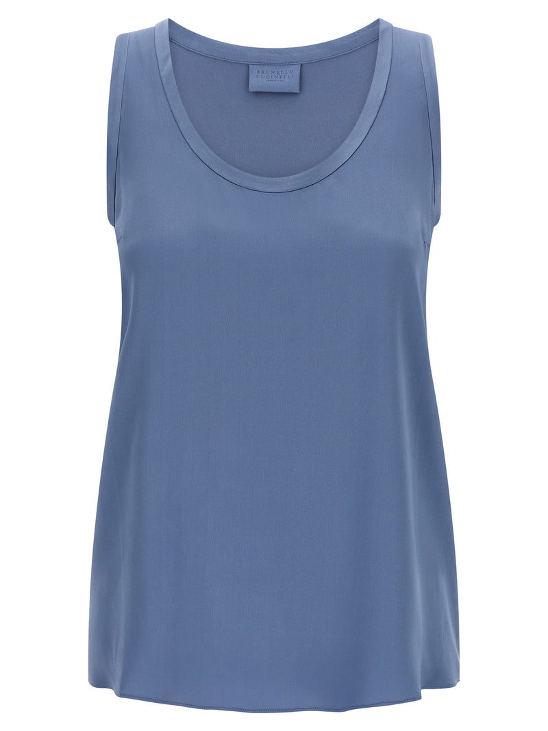Brunello Cucinelli Blue Silk Sleeveles T-Shirt