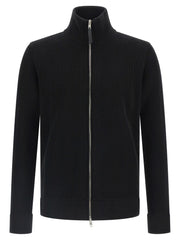 Maison Margiela Black Cotton Cardigan for mens | Black, front view with ribbed knit, high funnel neck, and double-slider zipper; featured in Maison Margiela Cardigans.