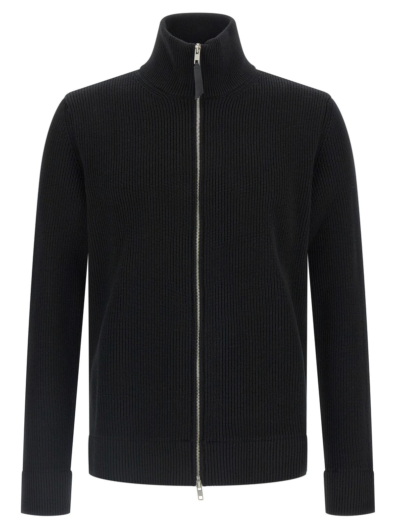 Maison Margiela Black Cotton Cardigan for mens | Black, front view with ribbed knit, high funnel neck, and double-slider zipper; featured in Maison Margiela Cardigans.