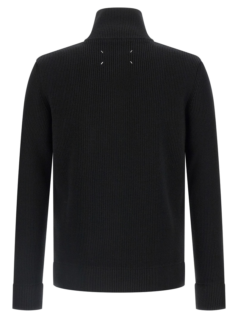Maison Margiela Black Cotton Cardigan for mens | Black, back view showing the ribbed cotton-wool knit and signature Four Stitches; part of Maison Margiela Cardigans.