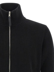 Maison Margiela Black Cotton Cardigan for mens | Black, close-up of the ribbed high funnel neckline and metal zipper with leather pull tab from Maison Margiela Cardigans.