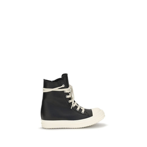 Rick Owens High Top Sneakers, Rick Owens Black Calf Leather Bos Taurus High Top Sneakers | Black, side view of black leather women’s high-top sneakers with white laces, reinforced toe cap, and exaggerated sole; size EU38/US8, High Tops - Sneakers - Shoes, New with tags, Out of stock, Shoes, Sneakers - Shoes, Black, Discount_40-49.