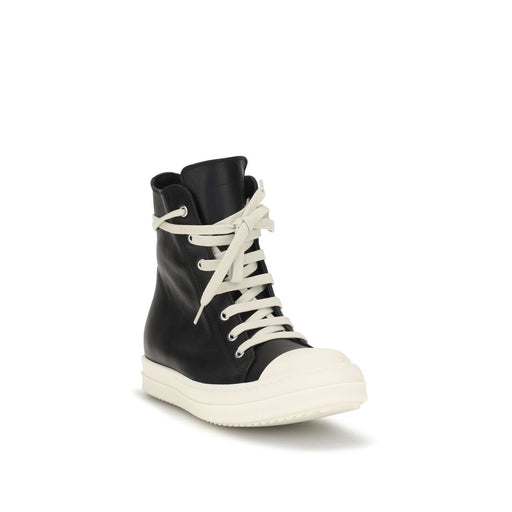 Rick Owens High Top Sneakers, Rick Owens Black Calf Leather Bos Taurus High Top Sneakers | Black, front three-quarter view showcasing black calf leather, full-height white lacing, reinforced white toe cap, and signature oversized sole for women; size EU38/US8, High Tops - Sneakers - Shoes, New with tags, Out of stock, Shoes, Sneakers - Shoes, Black, Discount_40-49.