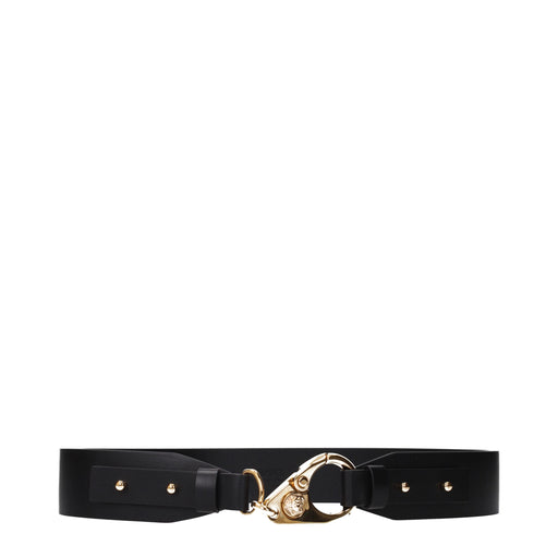 Versace Black Leather Belt with Signature Side Logo Detail, a black Versace women’s regular belt in leather with gold-tone logo hardware, size 80 cm / 32 Inches, shown for Urbalenti NYC in Accessories and Belts - Accessories; condition New with tags, in-stock, Discount_60-69, product 13879, 79680176179.