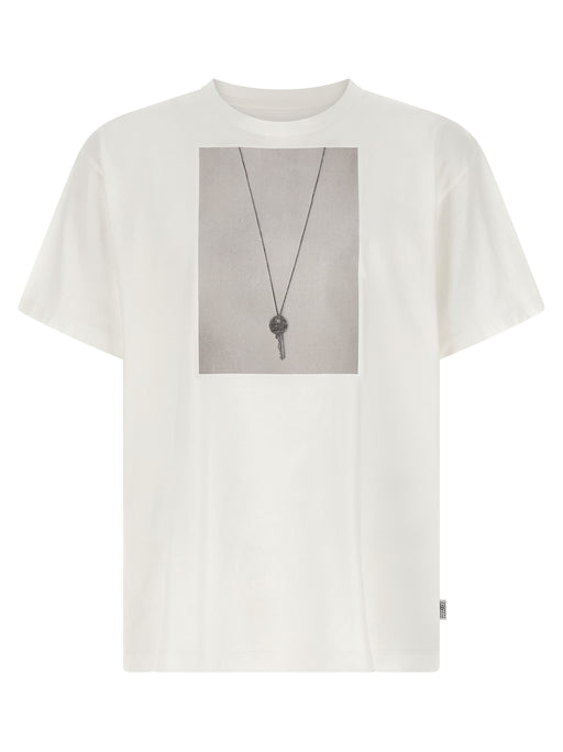 Front view of the MM6 Maison Margiela White Cotton Graphic T-Shirt for Men, an MM6 Maison Margiela T-Shirt for Men with a white crew neck, short sleeves, and distinctive front graphic, available from Urbalenti NYC in size M for Men; 13879, 79680700467, Clothing, Discount_50-59, in-stock, New with tags, T-Shirts - Clothing, T-Shirts - T-Shirts - Clothing, White.