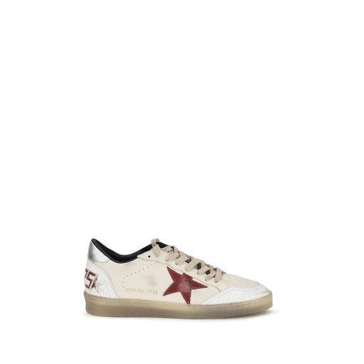 Golden Goose Ball Star White Leather Low Top Sneakers by Golden Goose, side view featuring a red star, silver heel tab, vintage finish, and rubber sole. Golden Goose Ball Star Sneakers available at Urbalenti NYC, style 13879, SKU 79661334579, Discount_30-39, EU45/US12, in-stock in Low Tops - Sneakers - Shoes for Men, New with tags, Shoes, Sneakers - Shoes, White.