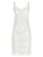 Front view of the Dolce & Gabbana White Polyamide Midi Dress | White, a Dolce & Gabbana Midi Dress featuring a structured satin and floral lace bodice, sweetheart neckline, adjustable straps, and elegant midi-length silhouette. Available as Clothing in Dresses - Clothing and Midi - Dresses - Clothing; White, Women, IT44, New with tags, in-stock, Discount_60-69, 13879, 79680700467.