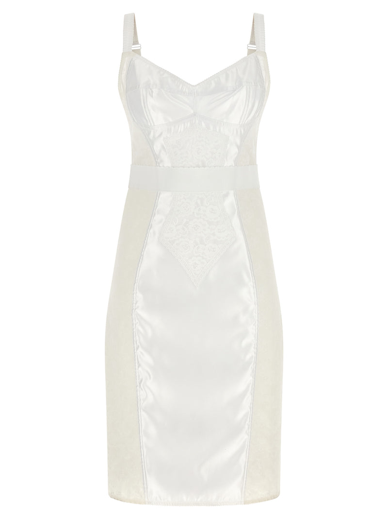 Front view of the Dolce & Gabbana White Polyamide Midi Dress | White, a Dolce & Gabbana Midi Dress featuring a structured satin and floral lace bodice, sweetheart neckline, adjustable straps, and elegant midi-length silhouette. Available as Clothing in Dresses - Clothing and Midi - Dresses - Clothing; White, Women, IT44, New with tags, in-stock, Discount_60-69, 13879, 79680700467.
