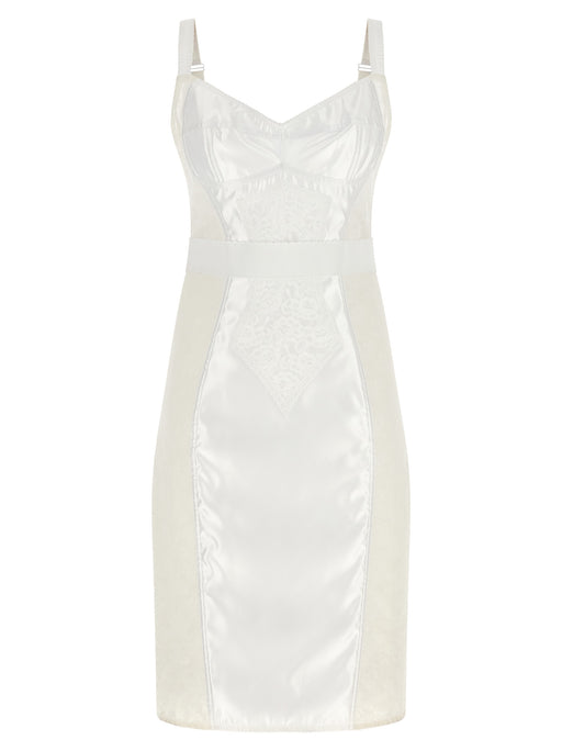 Front view of the Dolce & Gabbana White Polyamide Midi Dress | White, a Dolce & Gabbana Midi Dress featuring a structured satin and floral lace bodice, sweetheart neckline, adjustable straps, and elegant midi-length silhouette. Available as Clothing in Dresses - Clothing and Midi - Dresses - Clothing; White, Women, IT44, New with tags, in-stock, Discount_60-69, 13879, 79680700467.