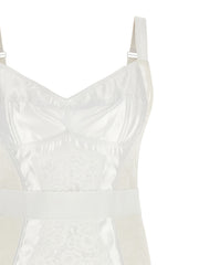 Close-up front detail of the Dolce & Gabbana White Polyamide Midi Dress | White, a Dolce & Gabbana Midi Dress with a sweetheart neckline, adjustable shoulder straps, satin panels, floral lace inserts, and structured corset bodice. A White Women’s Clothing style in Dresses - Clothing and Midi - Dresses - Clothing, size IT44, New with tags, in-stock, Discount_60-69, 13879, 79680700467.