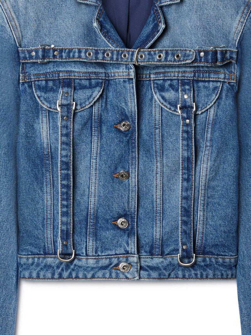 Off White Crop Denim Jacket With Belt | Urbalenti™ NYC
