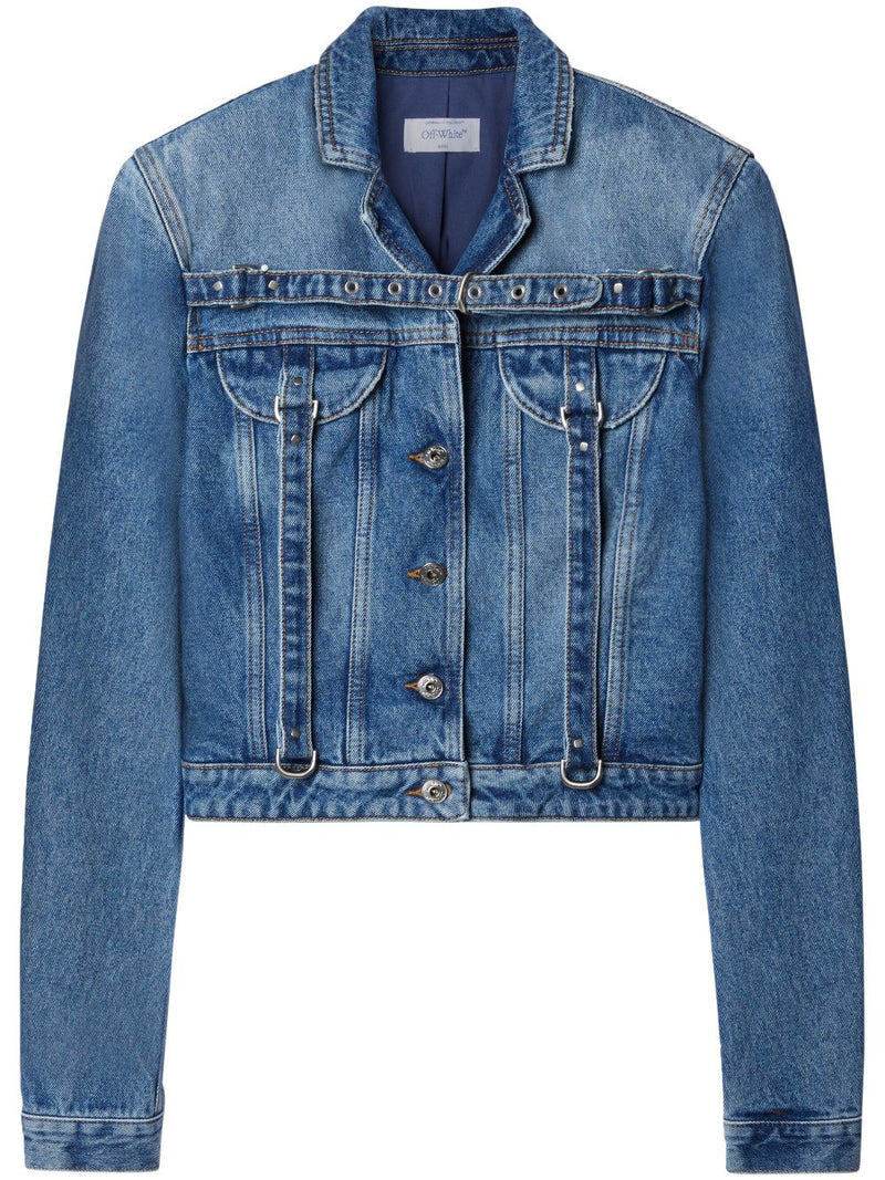 Off White Crop Denim Jacket With Belt | Urbalenti™ NYC