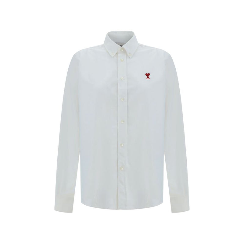 Ami Paris White Cotton Dress Shirt For Women With Logo Embroidery And Adjustable Cuffs, front view featuring classic collar and chest logo; Ami Paris White Cotton Dress Shirt