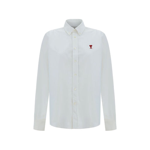 Ami Paris White Cotton Dress Shirt For Women With Logo Embroidery And Adjustable Cuffs, front view featuring classic collar and chest logo; Ami Paris White Cotton Dress Shirt
