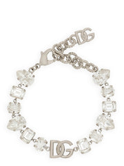 Dolce & Gabbana Silver Brass Bracelet, titled Dolce & Gabbana Silver Brass Crystal Bracelet with DG Monogram, shown in a circular arrangement with sparkling crystals, DG monogram, adjustable chain, carabiner closure, and logo charm. Urbalenti NYC, 13879, 79680700467, Accessories, Bracelets - Jewellery - Accessories, Discount_50-59, Dolce & Gabbana, in-stock, Jewellery - Accessories, New with tags, One Size, Silver, Women.