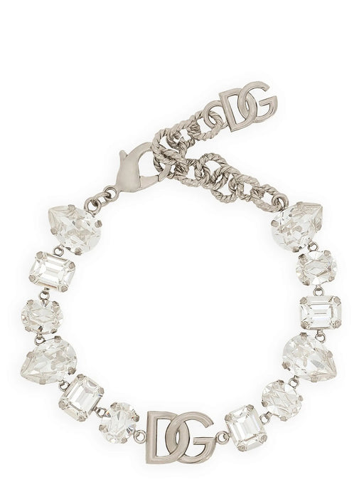 Dolce & Gabbana Silver Brass Bracelet, titled Dolce & Gabbana Silver Brass Crystal Bracelet with DG Monogram, shown in a circular arrangement with sparkling crystals, DG monogram, adjustable chain, carabiner closure, and logo charm. Urbalenti NYC, 13879, 79680700467, Accessories, Bracelets - Jewellery - Accessories, Discount_50-59, Dolce & Gabbana, in-stock, Jewellery - Accessories, New with tags, One Size, Silver, Women.