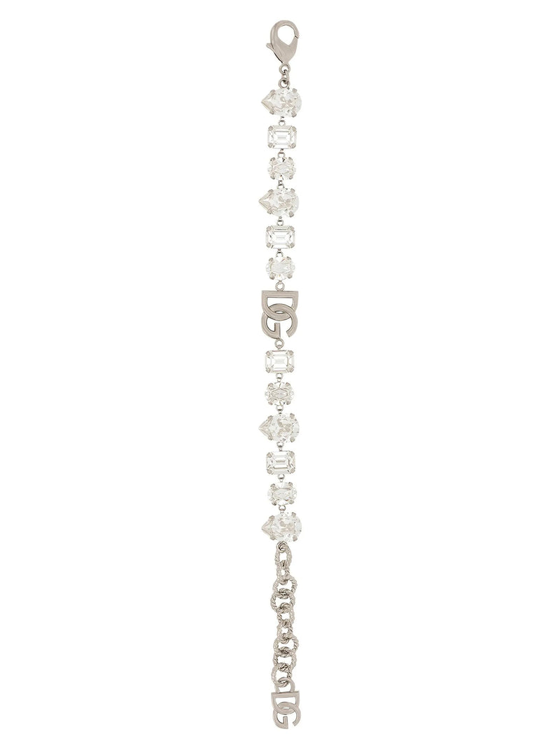 Dolce & Gabbana Silver Brass Bracelet, titled Dolce & Gabbana Silver Brass Crystal Bracelet with DG Monogram, displayed fully extended to showcase its crystal embellishments, central DG monogram, adjustable chain, carabiner closure, and signature logo charm. Urbalenti NYC, 13879, 79680700467, Accessories, Bracelets - Jewellery - Accessories, Discount_50-59, Dolce & Gabbana, in-stock, Jewellery - Accessories, New with tags, One Size, Silver, Women.