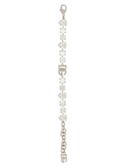 Dolce & Gabbana Silver Brass Bracelet, titled Dolce & Gabbana Silver Brass Crystal Bracelet with DG Monogram, displayed fully extended to showcase its crystal embellishments, central DG monogram, adjustable chain, carabiner closure, and signature logo charm. Urbalenti NYC, 13879, 79680700467, Accessories, Bracelets - Jewellery - Accessories, Discount_50-59, Dolce & Gabbana, in-stock, Jewellery - Accessories, New with tags, One Size, Silver, Women.