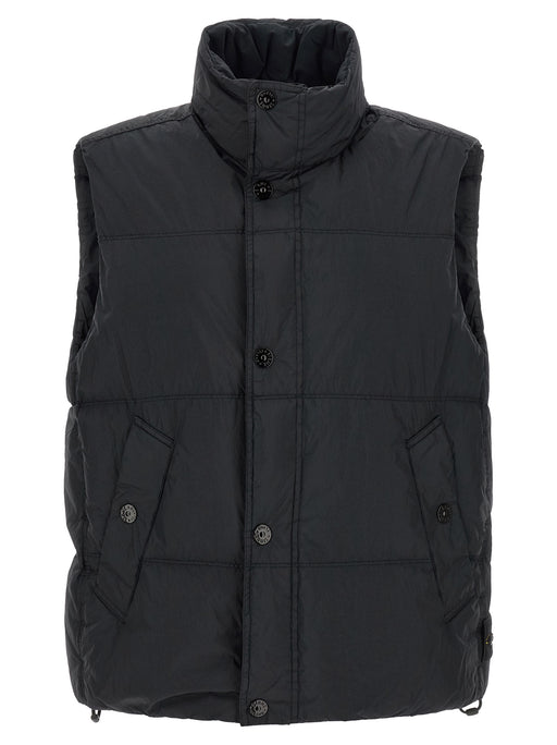 Stone Island Vest for mens, Stone Island Blue Polyamide Sleeveless Jacket Vest for Mens | Blue, front view with padded collar, snap-button closure, and slanted pockets.