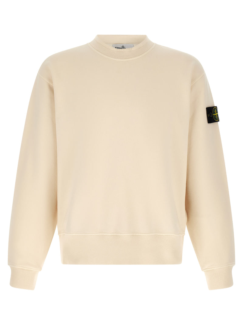 Stone Island White Cotton Sweatshirt for Men | White, a Stone Island Sweatshirt for Men in soft white cotton with a classic crew neck, ribbed cuffs and hem, sleeve badge, and a stylish in-stock Men size L or M option; 13879, 79680700467, Clothing, Discount_30-39, New with tags, Stone Island, Sweaters - Clothing, Sweatshirts - Sweaters - Clothing, White.