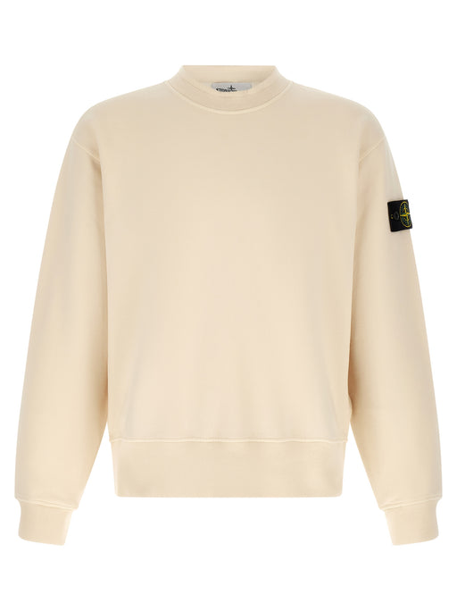 Stone Island White Cotton Sweatshirt for Men | White, a Stone Island Sweatshirt for Men in soft white cotton with a classic crew neck, ribbed cuffs and hem, sleeve badge, and a stylish in-stock Men size L or M option; 13879, 79680700467, Clothing, Discount_30-39, New with tags, Stone Island, Sweaters - Clothing, Sweatshirts - Sweaters - Clothing, White.
