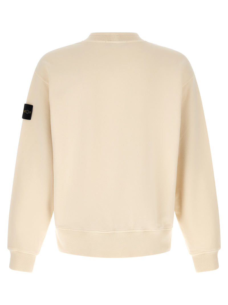 Back view of the Stone Island White Cotton Sweatshirt for Men | White, showcasing the clean white cotton design, crew neck, ribbed hem and cuffs, and signature Stone Island sleeve badge; Stone Island Sweatshirt for Men, 13879, 79680700467, Clothing, Discount_30-39, in-stock, L, M, Men, New with tags, Stone Island, Sweaters - Clothing, Sweatshirts - Sweaters - Clothing, White.