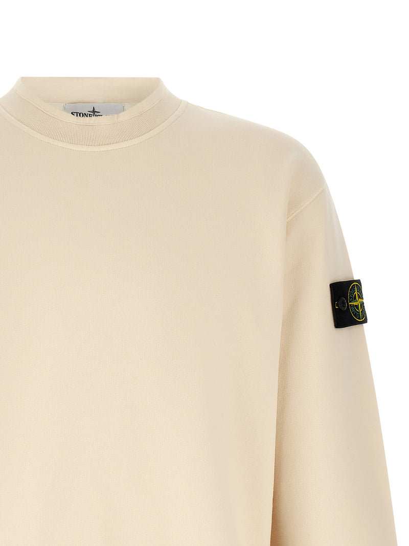 Close-up of the Stone Island White Cotton Sweatshirt for Men | White, highlighting the soft cotton crew neck and iconic Stone Island compass sleeve badge; a premium Stone Island Sweatshirt for Men in White, 13879, 79680700467, Clothing, Discount_30-39, in-stock, L, M, Men, New with tags, Stone Island, Sweaters - Clothing, Sweatshirts - Sweaters - Clothing, White.