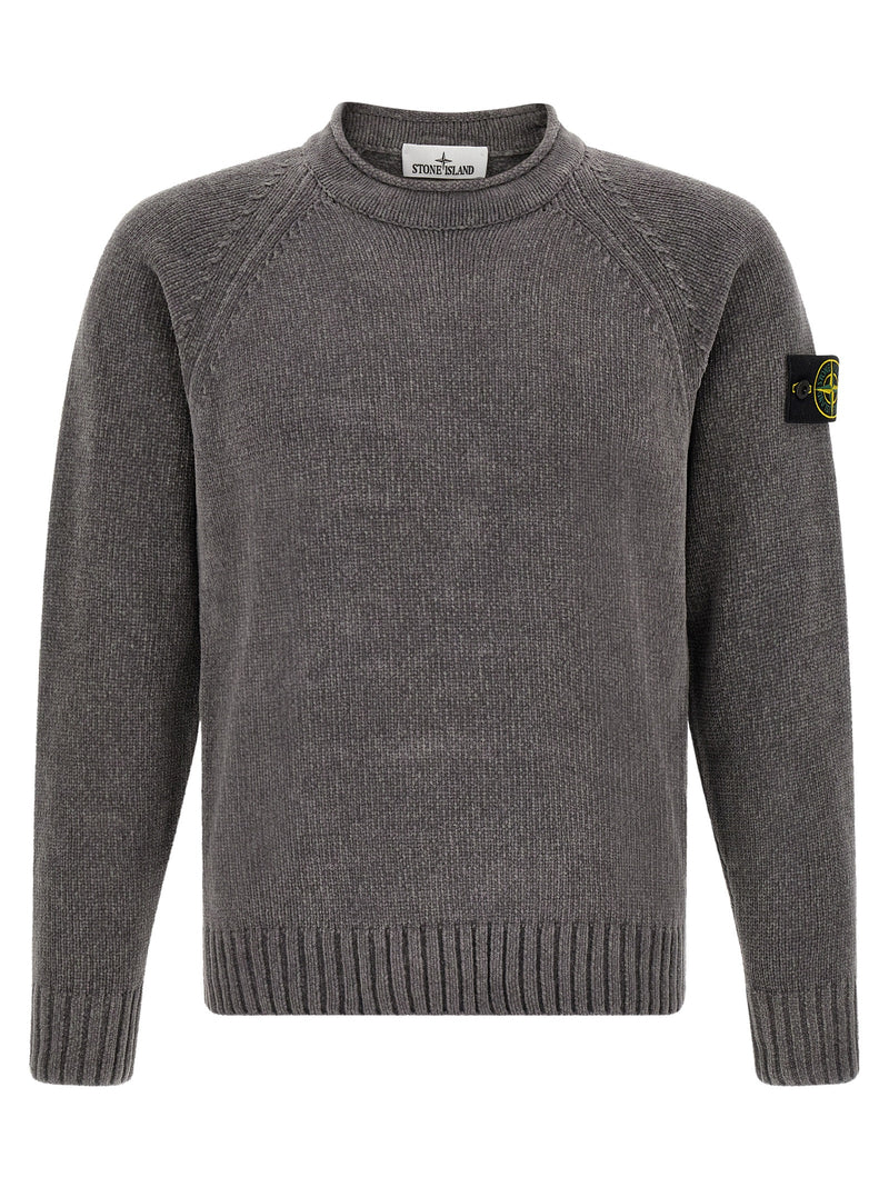 Front view of the Stone Island Gray Cotton Cardigan for Men | Gray, a refined Stone Island Cardigan for Men in soft gray cotton with a ribbed crew neck, raglan sleeves, and signature compass badge. Ideal for Men in sizes L, M, XL, and XXL; New with tags, in-stock, Gray, 13879, 79680700467, Cardigans - Sweaters - Clothing, Clothing, Discount_30-39, Stone Island, Sweaters - Clothing.