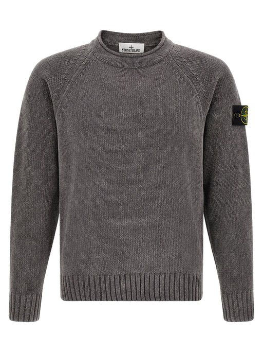 Front view of the Stone Island Gray Cotton Cardigan for Men | Gray, a refined Stone Island Cardigan for Men in soft gray cotton with a ribbed crew neck, raglan sleeves, and signature compass badge. Ideal for Men in sizes L, M, XL, and XXL; New with tags, in-stock, Gray, 13879, 79680700467, Cardigans - Sweaters - Clothing, Clothing, Discount_30-39, Stone Island, Sweaters - Clothing.