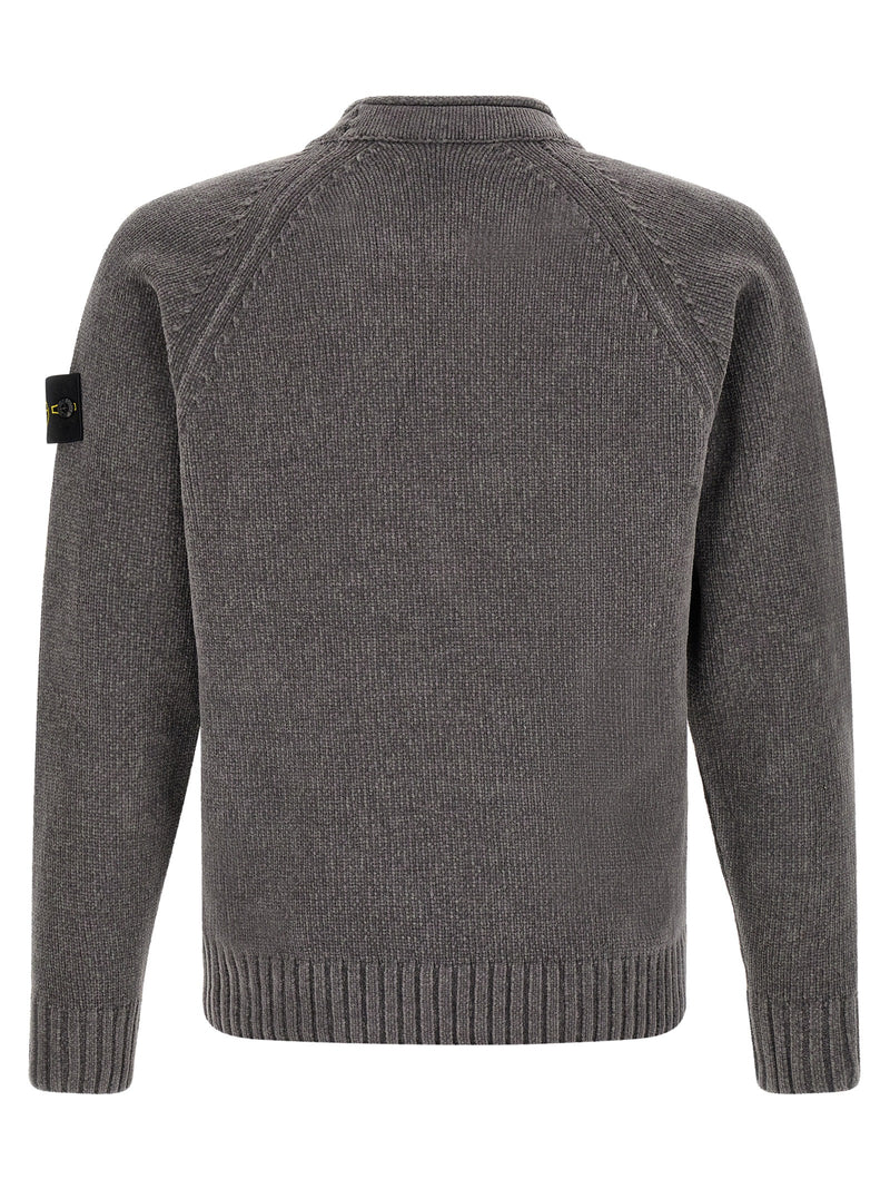 Back view of the Stone Island Gray Cotton Cardigan for Men | Gray, showcasing the textured mouliné cotton knit, raglan construction, and comfortable ribbed hem. This Stone Island Cardigan for Men is New with tags and in-stock in Gray and sizes L, M, XL, and XXL; 13879, 79680700467, Cardigans - Sweaters - Clothing, Clothing, Discount_30-39, Men, Stone Island, Sweaters - Clothing.