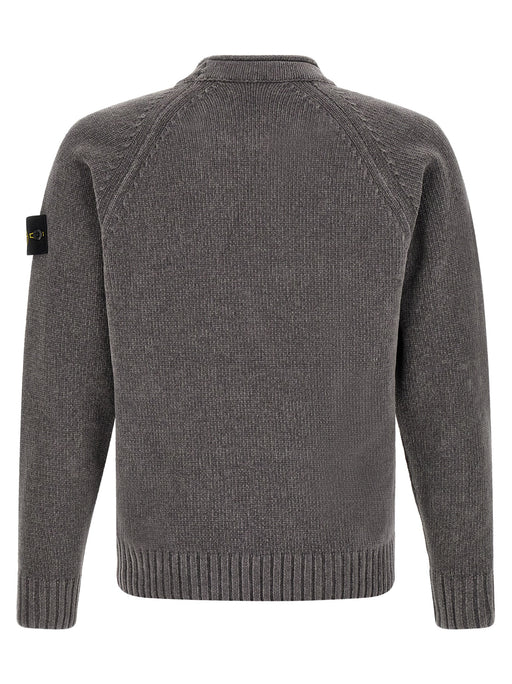 Back view of the Stone Island Gray Cotton Cardigan for Men | Gray, showcasing the textured mouliné cotton knit, raglan construction, and comfortable ribbed hem. This Stone Island Cardigan for Men is New with tags and in-stock in Gray and sizes L, M, XL, and XXL; 13879, 79680700467, Cardigans - Sweaters - Clothing, Clothing, Discount_30-39, Men, Stone Island, Sweaters - Clothing.