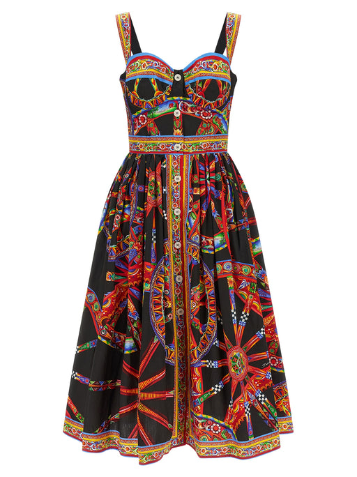 Dolce & Gabbana Multicolor Cotton Midi Dress for Women, a Dolce & Gabbana Midi Dress for Women featuring a sweetheart neckline, bustier bodice, wide straps, gathered midi skirt, and vibrant Sicilian Carretto print. Urbalenti NYC, 13879, 79680700467, Clothing, Discount_50-59, Dresses - Clothing, in-stock, IT38, IT40, IT42, IT44, Midi - Dresses - Clothing, Multicolor, New with tags, Women.