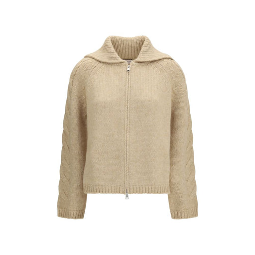 Front view of the Moncler Beige Alpaca Vicugna Pacos Cardigan fro Women | Beige, a Moncler cardigan for women with a zip front, oversized fit, soft knit texture, and cable-knit sleeves. Available in Beige for Women in sizes S, M, and L; New with tags, in-stock, Cardigans - Sweaters - Clothing, Sweaters - Clothing, Clothing, 13879, 79661334579, Discount_40-49.