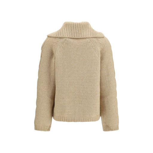 Back view of the Moncler Beige Alpaca Vicugna Pacos Cardigan fro Women | Beige, showcasing the relaxed silhouette, ribbed collar, and premium alpaca-blend knit of this Moncler cardigan for women. Beige Women’s Clothing available in S, M, and L; New with tags, in-stock, Cardigans - Sweaters - Clothing, Sweaters - Clothing, Clothing, 13879, 79661334579, Discount_40-49.