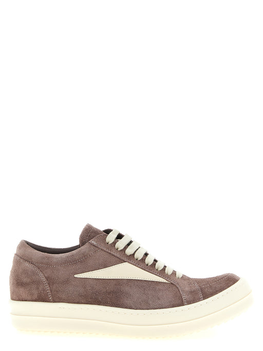 Rick Owens Vintage Sneaks Purple Suede Low Top Sneakers for Men, side view of Rick Owens Sneakers for Men in purple suede with contrast leather detail and cream sole; Urbalenti NYC, 13879, 79680700467, Discount_20-29, EU 42 | US 9, EU45/US12, in-stock, Low Tops - Sneakers - Shoes, Men, New with tags, Purple, Rick Owens, Shoes, Sneakers - Shoes.