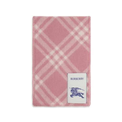 Burberry Multicolor Scarf, Burberry Multicolor Wool Oves Aries Scarf | Rose Gold, shown flat with pink multicolor tartan check pattern and Burberry equestrian logo patch. Product 13879, 79661334579, Accessories, Burberry, Discount_30-39, in-stock, Multicolor, New with tags, Scarves - Accessories, Scarves - Scarves - Accessories, Women.